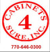 A red circular logo reading 'CABINETS SURE, INC.' with a large number 4 in the center, plus the phone number 770-646-0300 below on a white background.